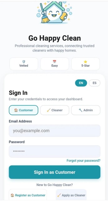 Go Happy Clean App - Sign In